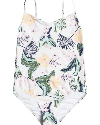Costum de baie intreg cu imprimeu floral Lovely Sen, Alb/Roz piersica/Verde feriga