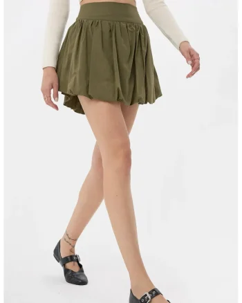 Fusta mini cu pantaloni scurti atasati dama,  talie inalta, textil, verde
