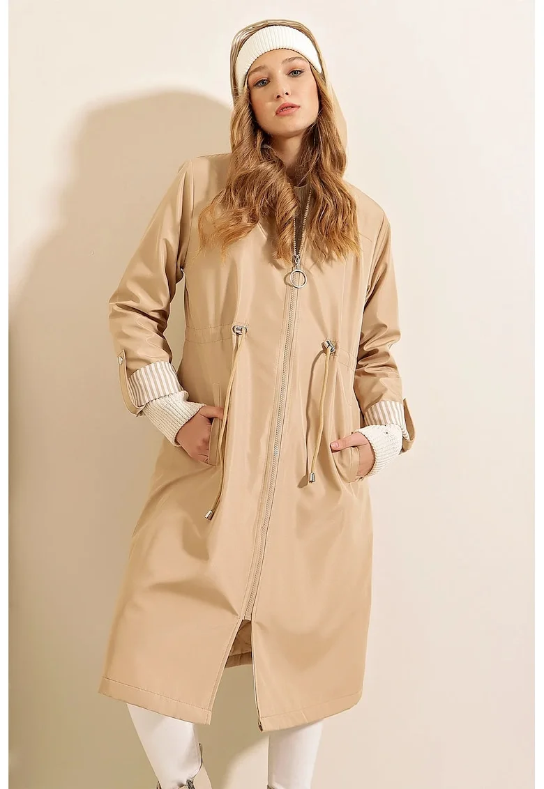 Trench lung cu gluga, HiCCUP, talie cu snur, poliester, bej