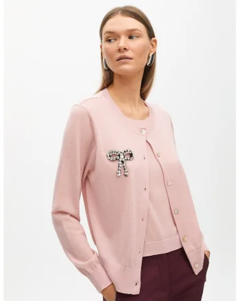Cardigan din amestec de lana merinos, Roz pal