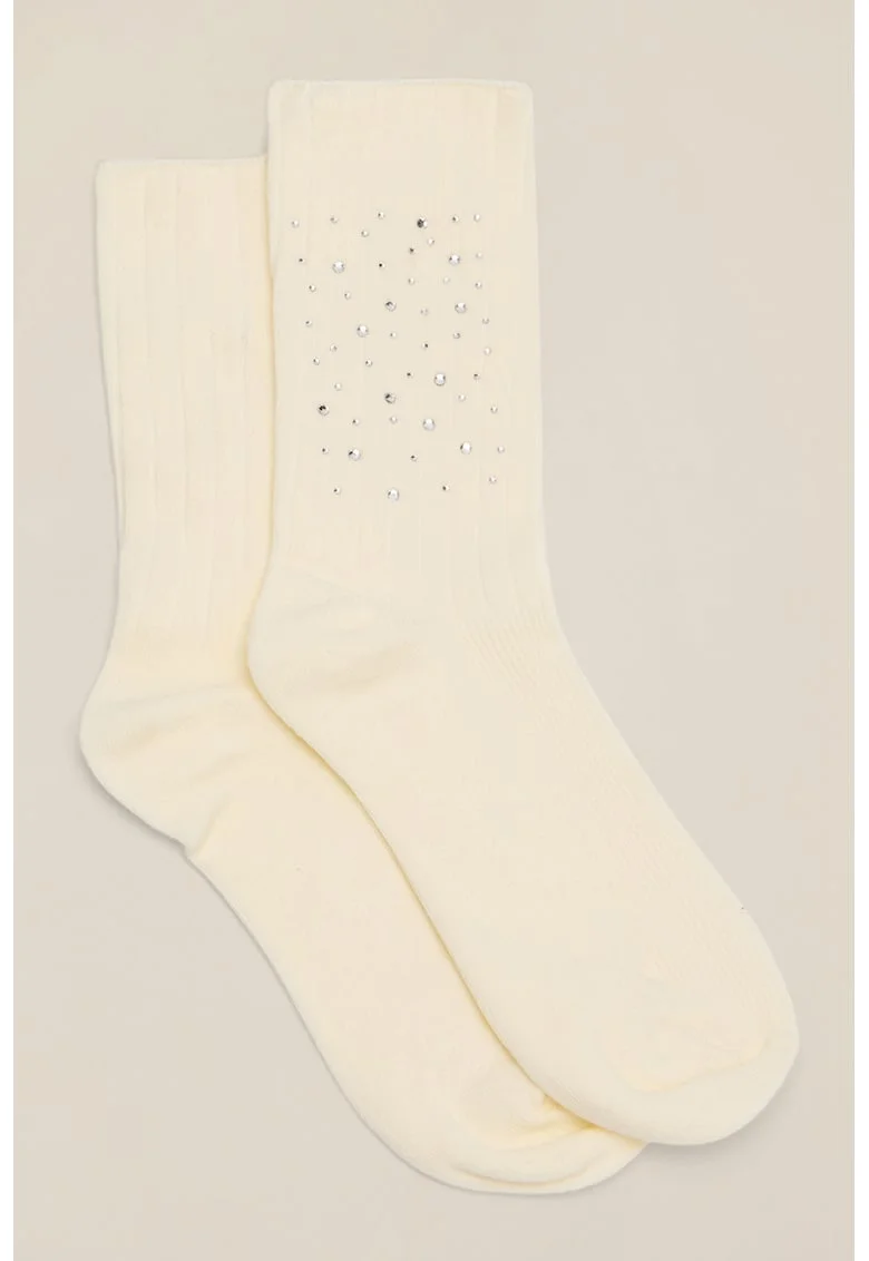 Set de sosete lungi cu aplicatii din strasuri - 2 perechi, Crem