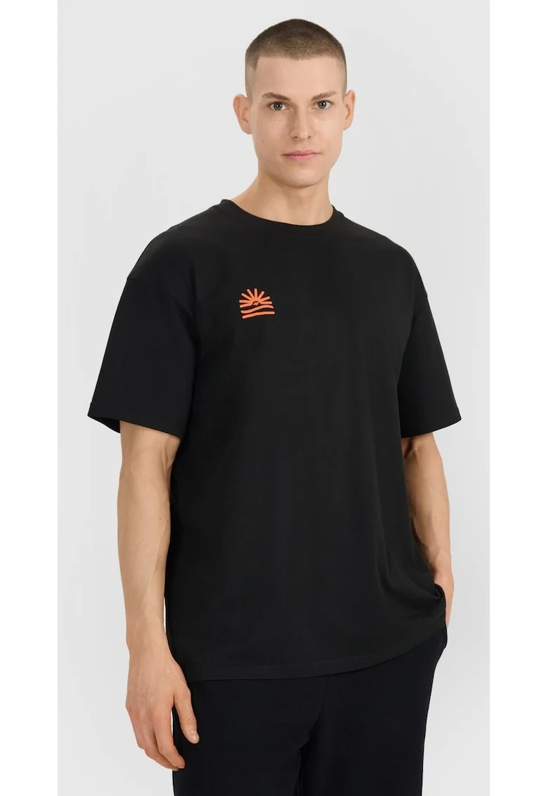 Tricou barbati  croiala supradimensionata, imprimeu distinctiv, negru, bumbac
