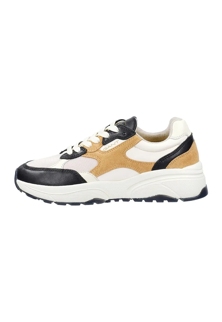 Pantofi sport cu talpa wedge si garnituri din piele intoarsa si plasa Newile, Negru/Alb optic/Caramel