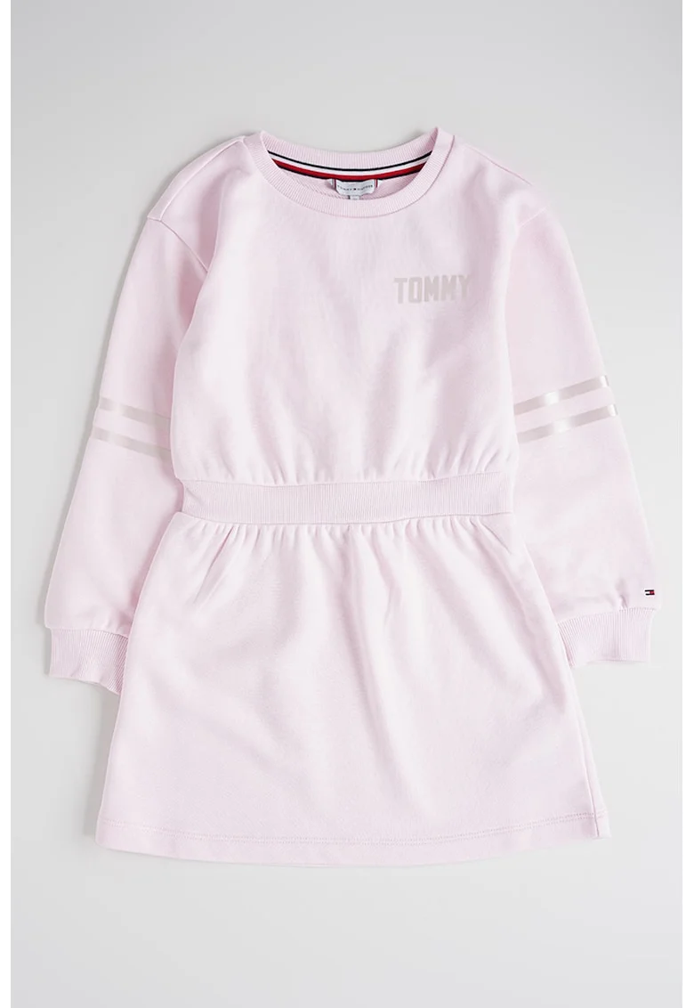 Rochie cu maneci lungi, talie elastica si imprimeu logo, Roz pal
