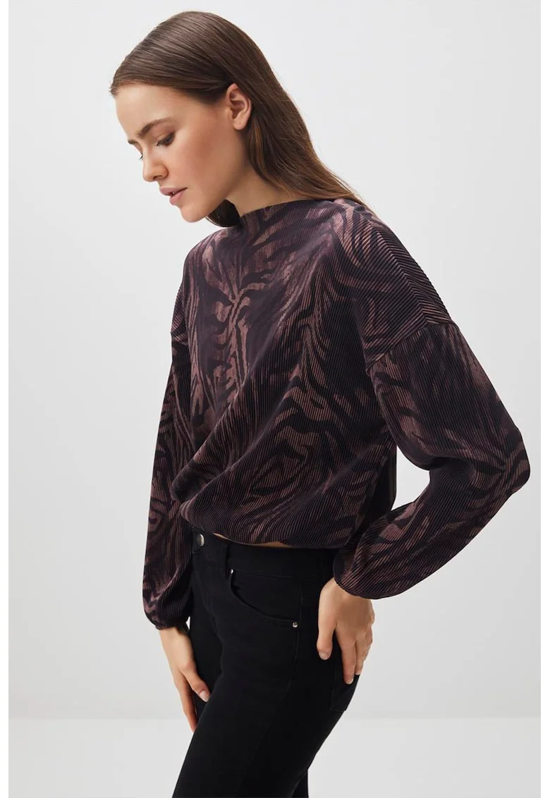 Bluza cu decolteu la baza gatului si animal print, Negru/Maro