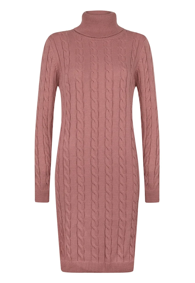 Rochie-pulover cu model torsade, Roz prafuit