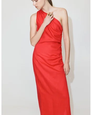 Rochie midi din amestec de in cu decolteu pe un umar, Rosu vermillion