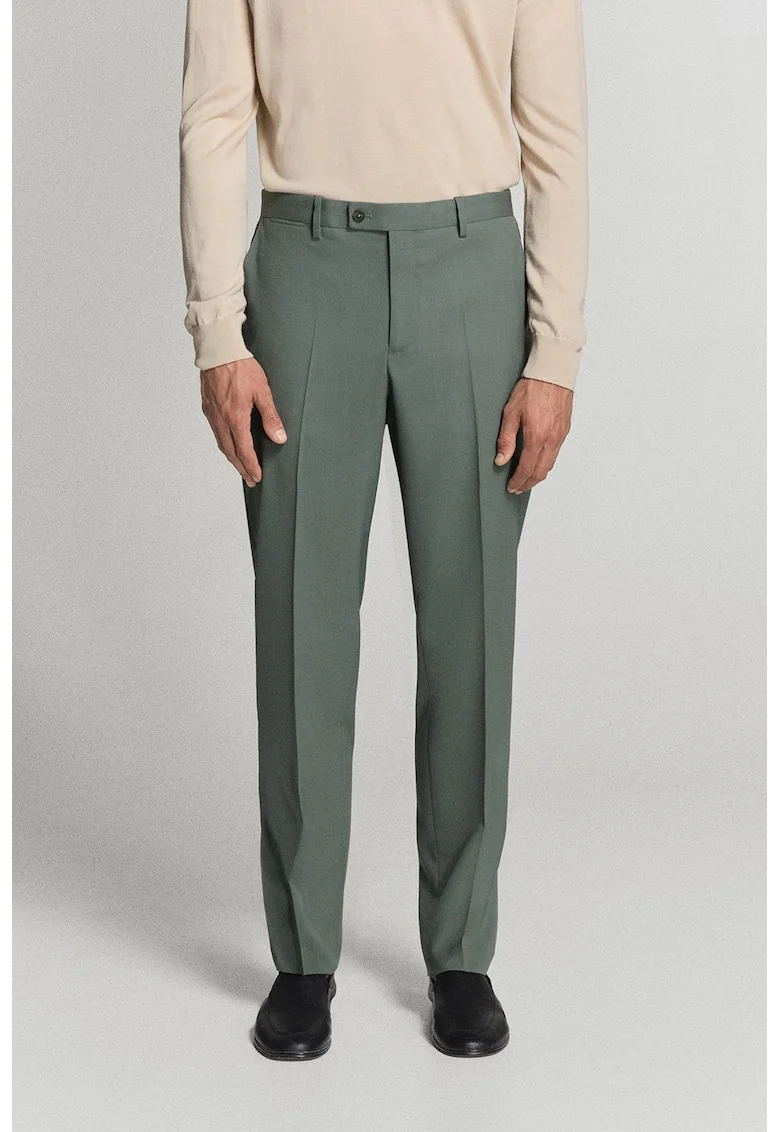 Pantaloni slim fit de lana cu pensa, Verde stins