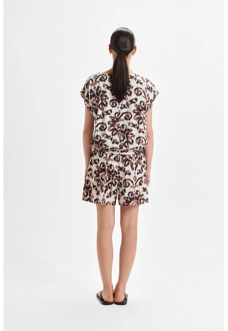 Bluza cu decolteu barcuta si imprimeu floral, Alb/Maro