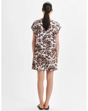 Bluza cu decolteu barcuta si imprimeu floral, Alb/Maro
