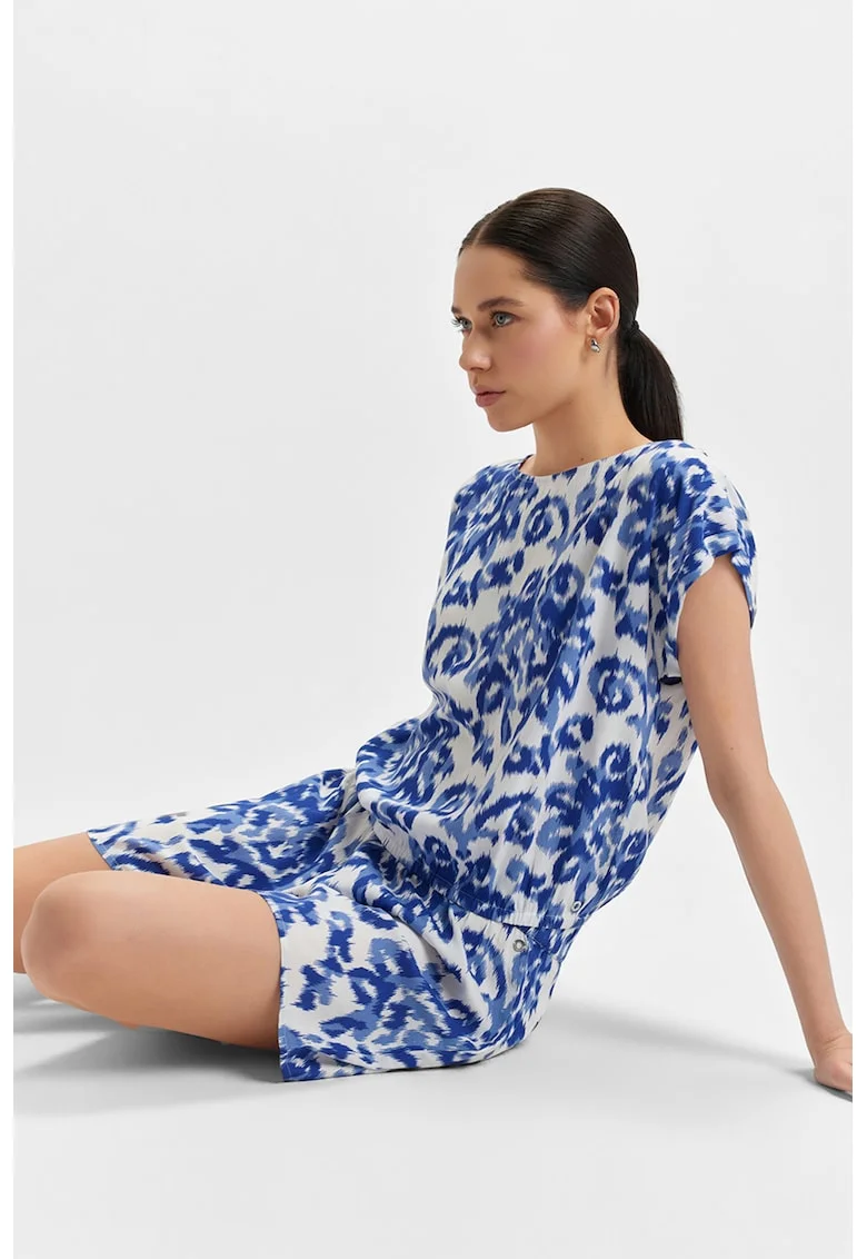 Bluza cu decolteu barcuta si imprimeu floral, Alb/Albastru