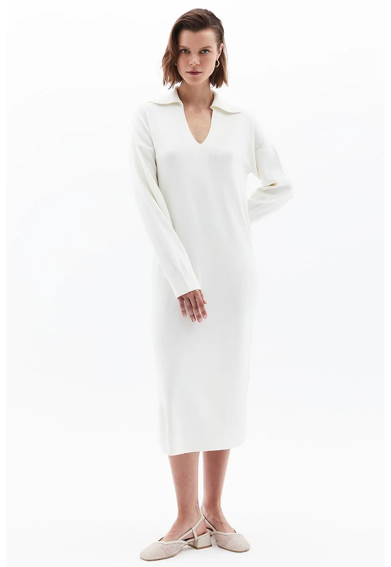 Rochie-pulover cu decolteu in V, Crem