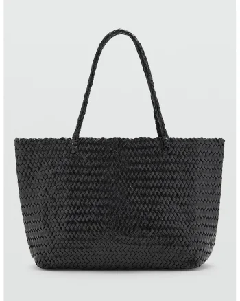 Geanta shopper de piele cu aspect impletit, Negru