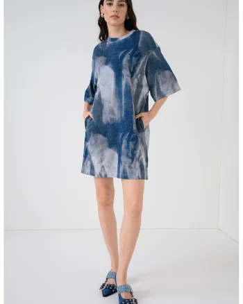 Rochie din bumbac organic cu model tie-dye, Albastru oceanic/Bleumarin