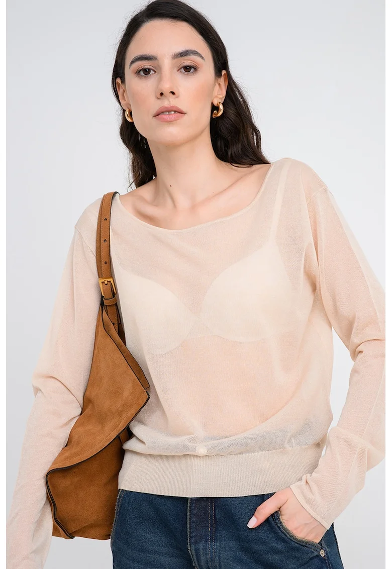 Bluza slim fit cu decolteu barcuta, Crem