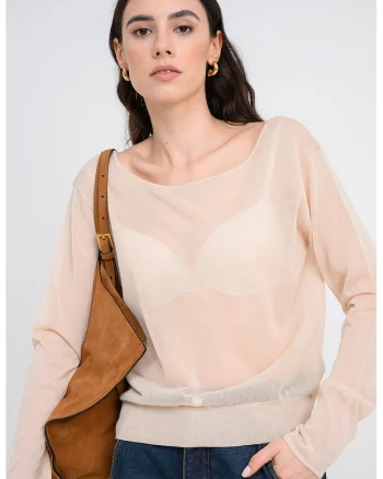 Bluza slim fit cu decolteu barcuta, Crem