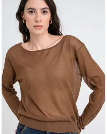 Bluza slim fit cu decolteu barcuta, Maro pamantiu