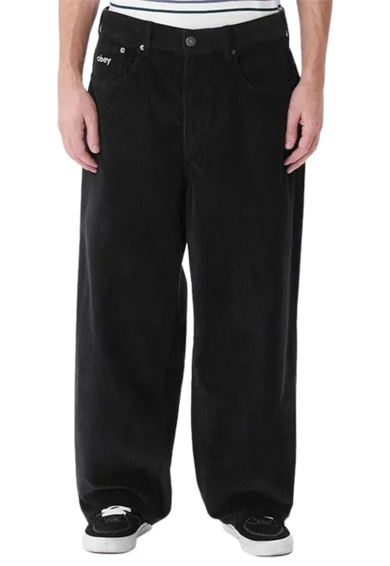Pantaloni baggy fit din bumbat cu textura reiata si model cu 5 buzunare