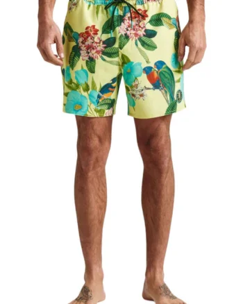 Pantaloni scurti de baie cu snur in talie, buzunare laterale si model floral
