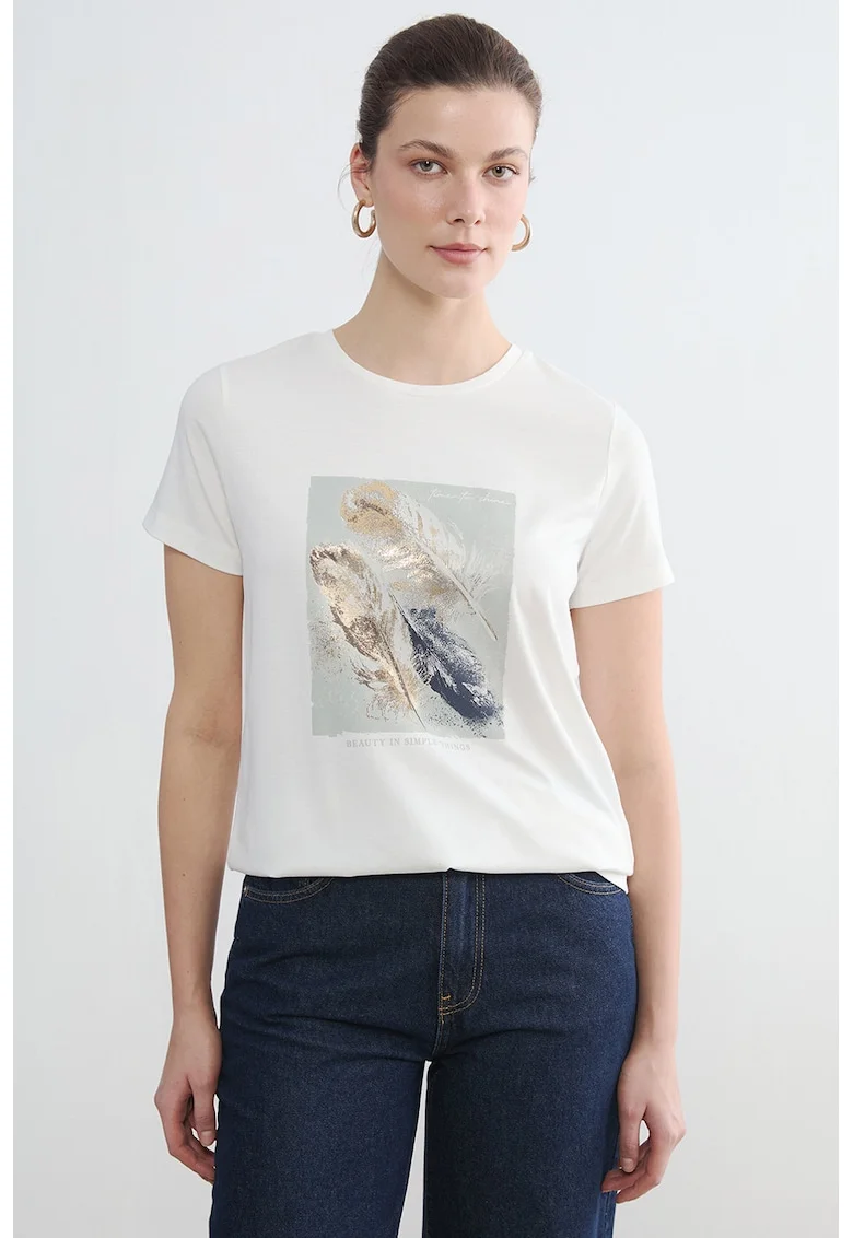 Tricou cu decolteu la baza gatului si imprimeu, Alb optic