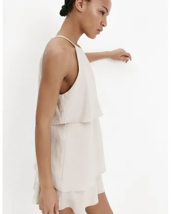 Rochie scurta din amestec de modal cu volane, Alb fildes