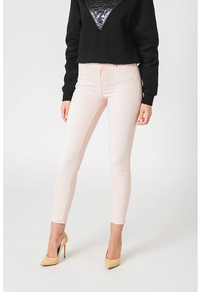 Blugi skinny cu model in dungi, Alb/Roz deschis