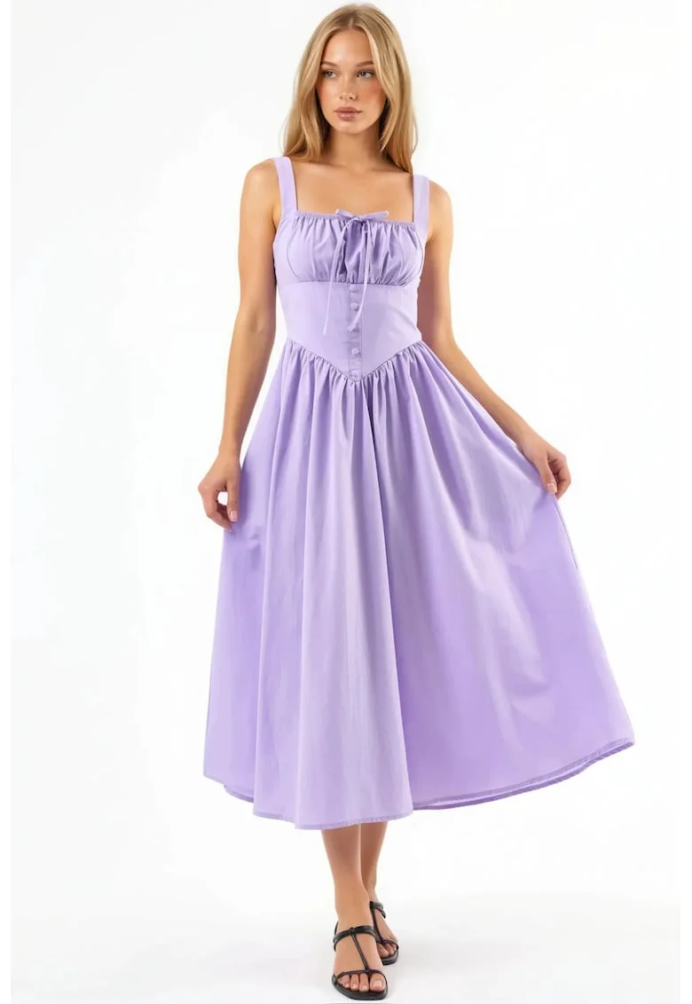 Rochie Midi  guler patrat, cu nasturi, bumbac/poliester, Violet