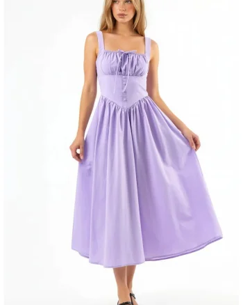 Rochie Midi  guler patrat, cu nasturi, bumbac/poliester, Violet