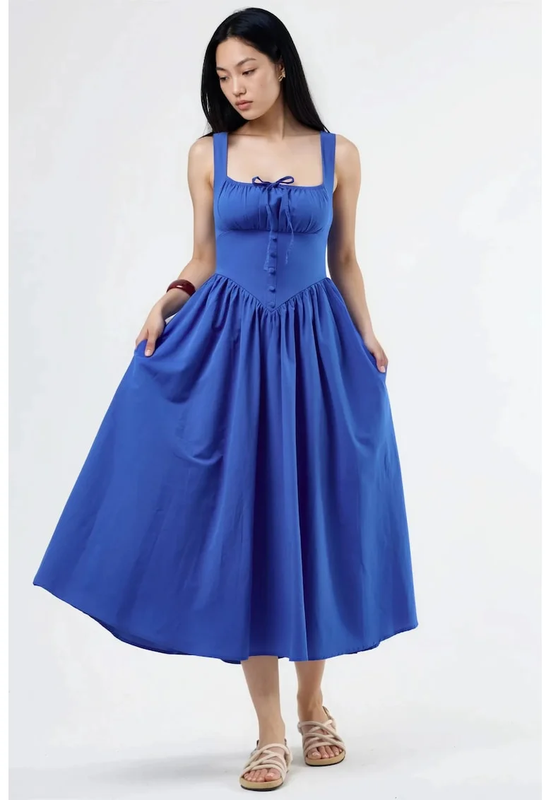 Rochie Midi  guler patrat, cu nasturi, bumbac/poliester, Albastru