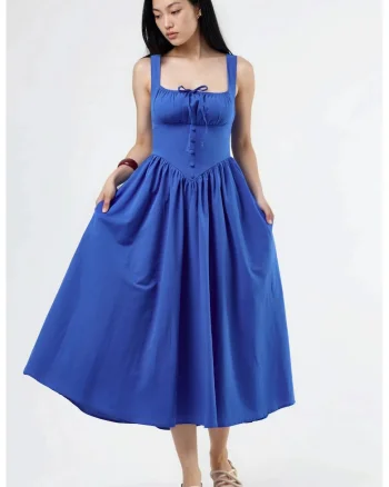 Rochie Midi  guler patrat, cu nasturi, bumbac/poliester, Albastru