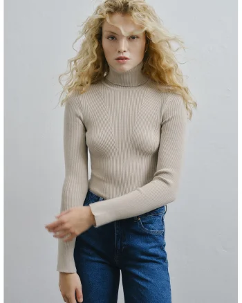 Pulover uni cu guler inalt, Maro taupe