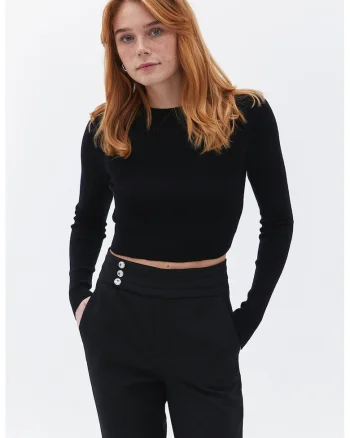 Pulover crop tricotat fin, Negru