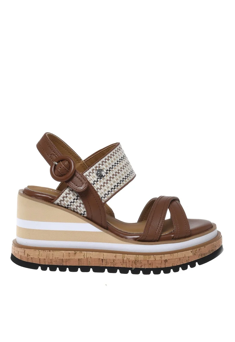 Sandale wedge ce detalii de piele, Maro