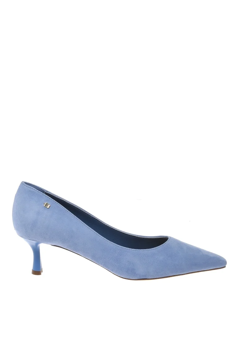 Pantofi de piele intoarsa cu toc kitten si varf ascutit, Albastru
