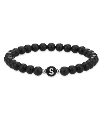 Bratara unisex din agat decorata cu litera S, Negru