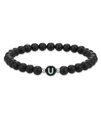Bratara unisex din agat decorata cu litera U, Negru