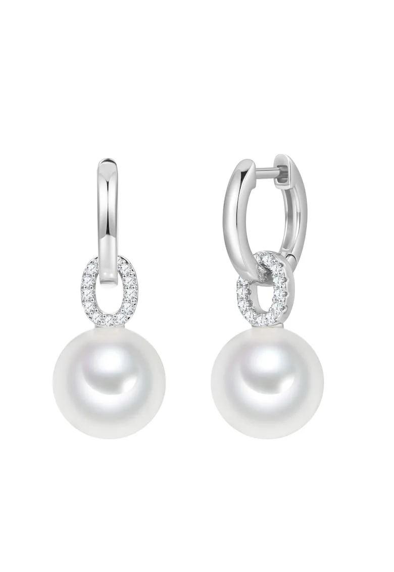 Cercei decorati cu zirconia si perle de sticla, Alb/Argintiu