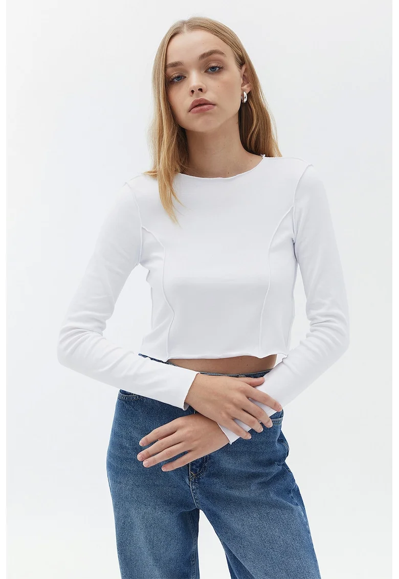 Bluza crop cu maneci lungi, Alb optic