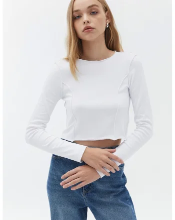 Bluza crop cu maneci lungi, Alb optic