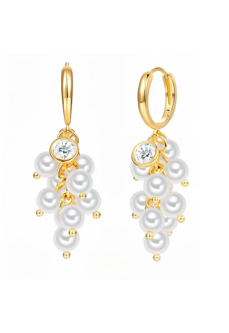 Lulu & Jan, Cercei drop cu zirconia si perle sintetice, Alb/Auriu