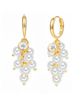 Lulu & Jan, Cercei drop cu zirconia si perle sintetice, Alb/Auriu