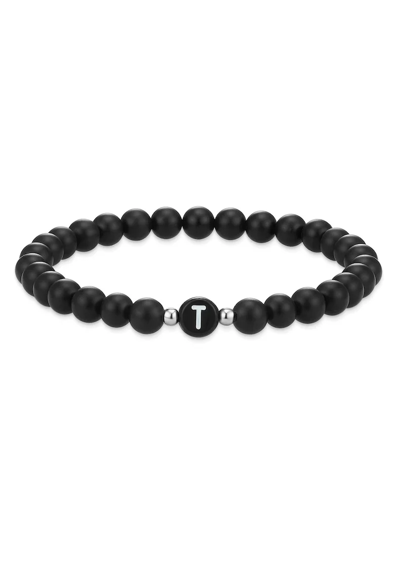Bratara unisex din agat decorata cu litera T, Negru