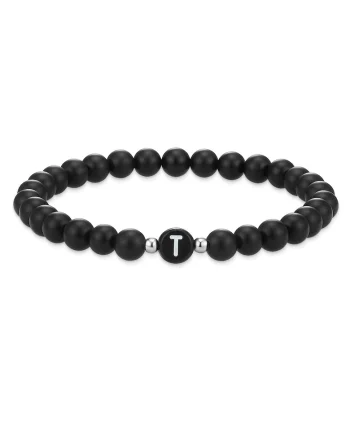 Bratara unisex din agat decorata cu litera T, Negru