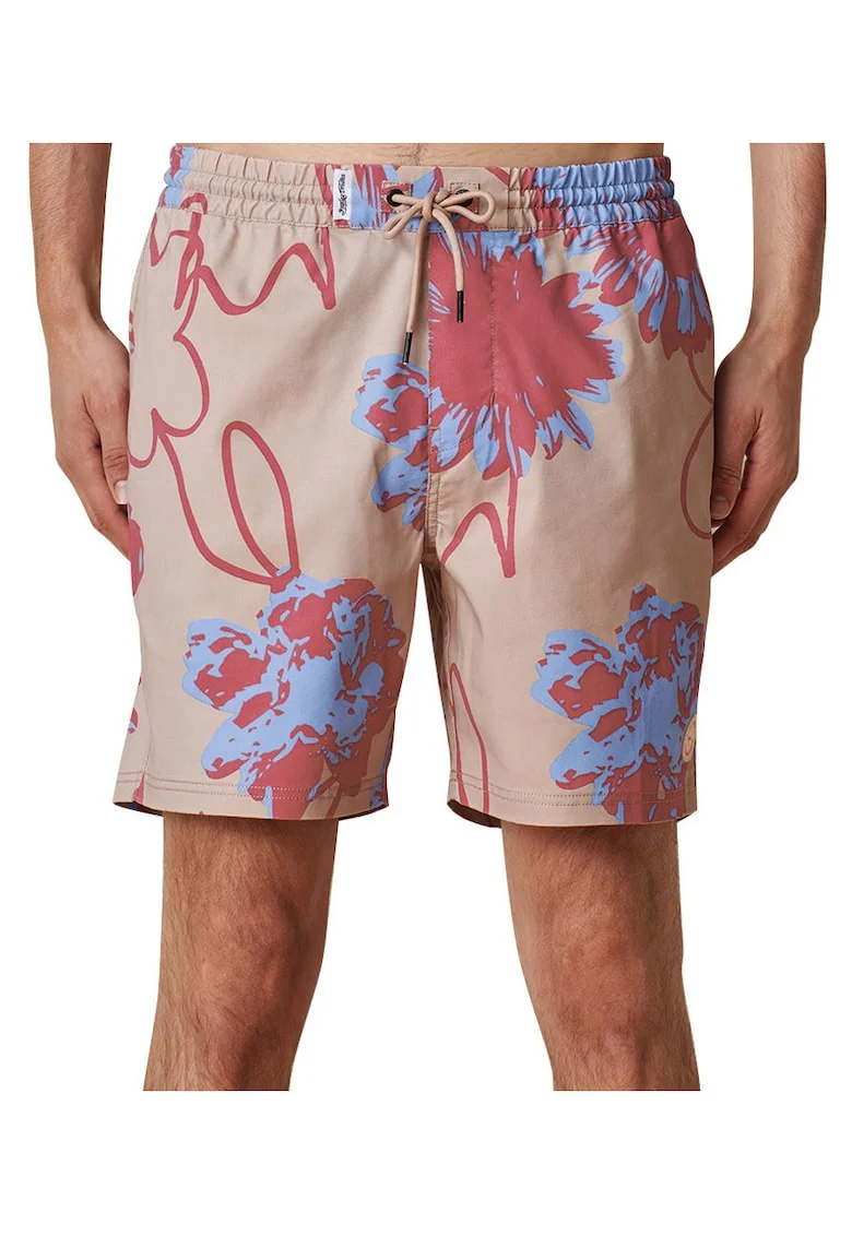 Pantaloni scurti de baie cu imprimeu floral abstract si snur in talie