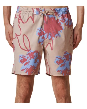Pantaloni scurti de baie cu imprimeu floral abstract si snur in talie