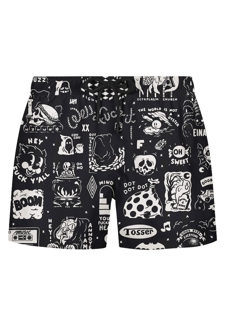 Pantaloni scurti de baie cu snur si imprimeu grafic