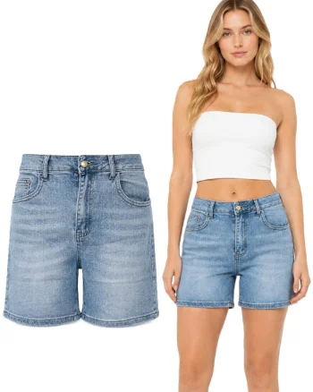 Pantaloni scurti din denim cu talie inalta si aspect prespalat