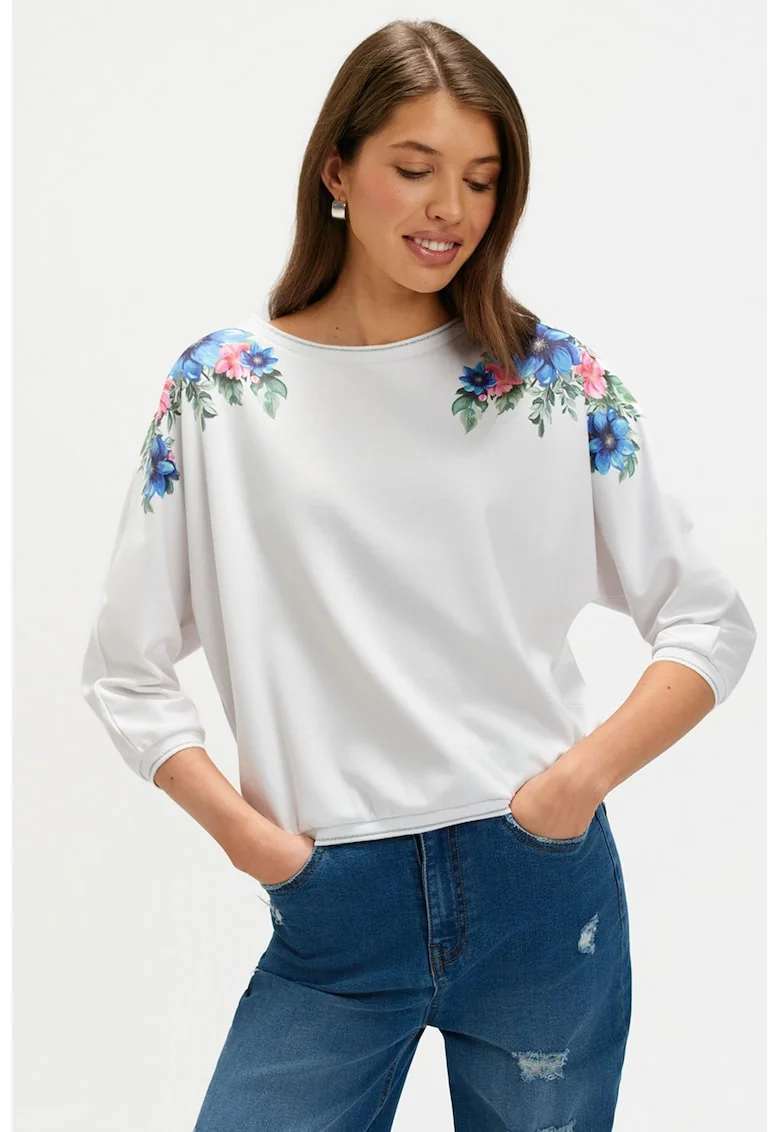 Bluza cu model floral, Alb/Albastru