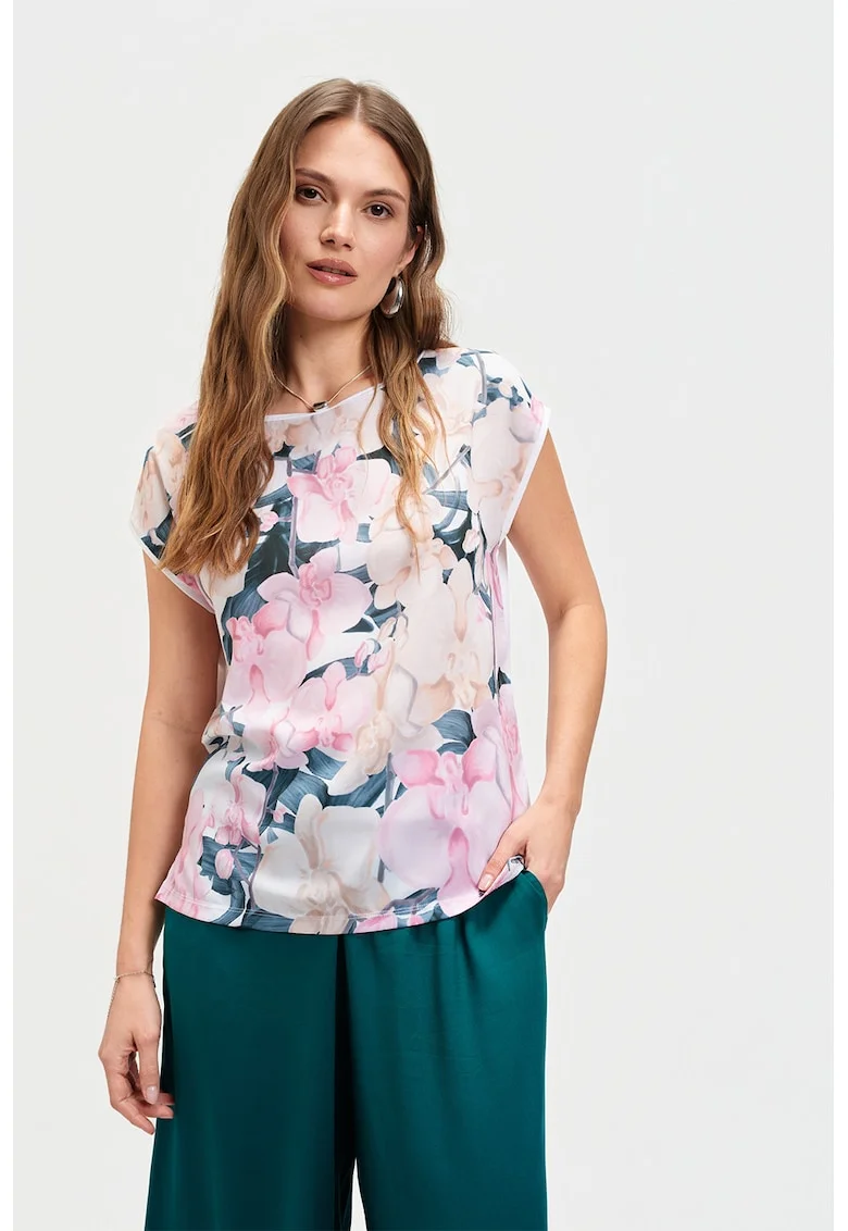 Bluza cu maneci scurte si imprimeu floral, Alb/Roz/Bleumarin