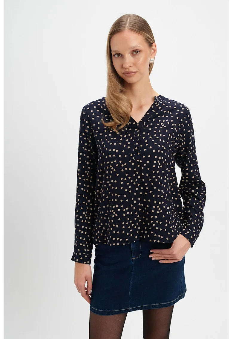 Bluza cu decolteu in V si fenta cu nasturi, Albastru ultramarin/Bej